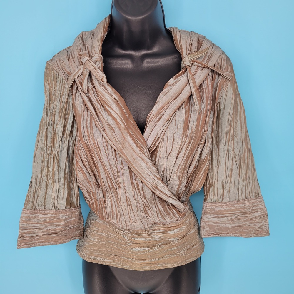 Essentials by Milano liquid Bronze Metallic Crinkle Wrap Blouse Y2K Pleated Top